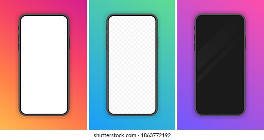Set realistic smartphone blank screen, phone mockup isolated on gradient colors background. Template for infographics or presentation UI design interface.