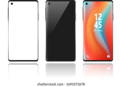 Establezca un modelo realista de smartphone con pantalla en blanco, negro, en blanco y en papel en fondo blanco.Ilustrador vector para tecnología, aplicaciones y comunicación.