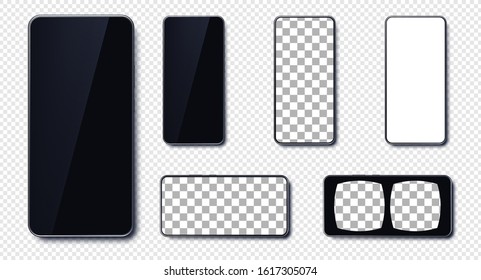 Set of realistic smartphone mockup set. Mobile phone black, white, transparent, virtual reality screen with transparent background screen design. Modern digital device template. Cellphone display fron