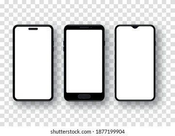 Set of Realistic smartphone mockup. Mobile phone with empty white screen on transparent background. Cellphone frame with blank display. Vector