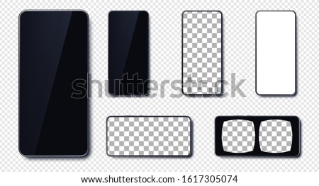 Set of realistic smartphone mockup set. Mobile phone black, white, transparent, virtual reality screen with transparent background screen design. Modern digital device template. Cellphone display fron