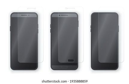 Establezca un smartphone realista con la ilustración vectorial de pantalla protectora. Colección de teléfono móvil con cubierta de vidrio transparente aislada en blanco. Protector de plástico contra daños