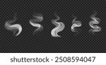 Set of realistic smoke, fog on water, bbq, hot drinks, food. Vector white swirl steam, smog isolated on transparent backdrop