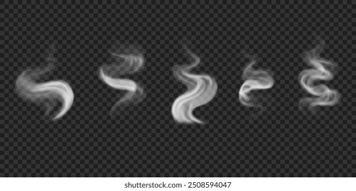 Set of realistic smoke, fog on water, bbq, hot drinks, food. Vector white swirl steam, smog isolated on transparent backdrop