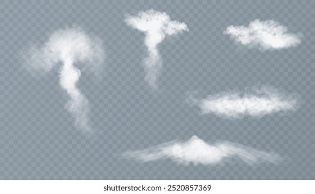 Set of realistic smoke, steam, clouds. Explosion effect, steam generator. Transparent background.