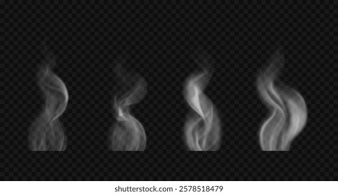 Set of realistic smoke, steam on food, bbq, hot drinks, food. Vector white swirl fog, smog, haze isolated on transparent backdrop