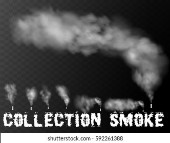 Set of realistic smoke, steam on transparent background. Vector