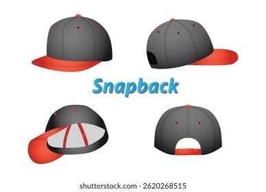 Set von realistischen Snapback Cap Abmessungen, verschiedene Hut Abmessungen, Design und Struktur Illustration, einzeln auf Weiß