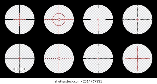 conjunto de exibição de mira de escopo de sniper realista. mira de sniper com marcas de medida. modelo de escopo de sniper isolado no plano de fundo transparente. mira óptica de rifle.