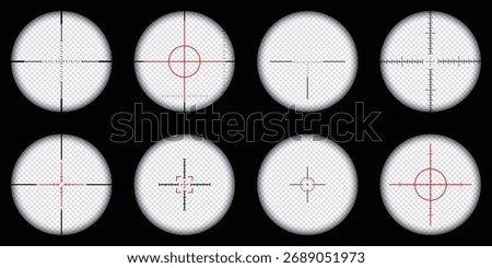 Set of realistic sniper scope crosshairs view. sniper sight with measurement marks. sniper scope template isolated on transparent background. rifle optical sight.