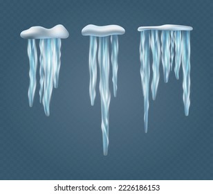 Conjunto de capas de nieve realistas, partículas aisladas sobre fondo azul. Diseño para invierno y navidad. Agua congelada transparente colgando del techo. 3.ª ilustración vectorial