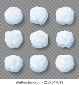 Set of realistic snow splats. 3d vector snowballs. Snow splats isolated on transparent background. Christmas fun fight. Winter holiday children games snowballs. Set of snow round frost balls.