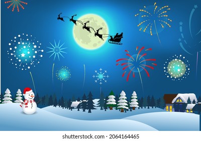 set of realistic snowman with fireworks show isolated or cute snowman with santa hat on snowy background. eps vector