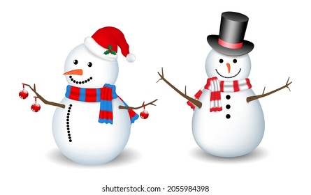 set of realistic snowman isolated or cute snowman with santa hat on snowy background or snowman with medical mask cartoon concept. eps vector