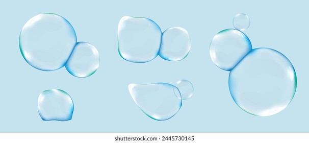 A set of realistic soap bubbles. The blue bubble. A double bubble. Soap bubbles of foam. Vector illustration. Soap bubble vector.Transparent liquid bubbles.