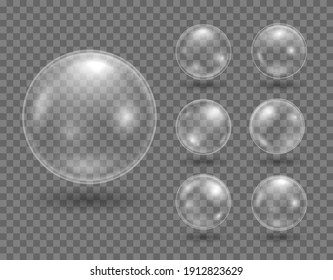 Set of realistic soap bubbles. Transparent water bubbles.