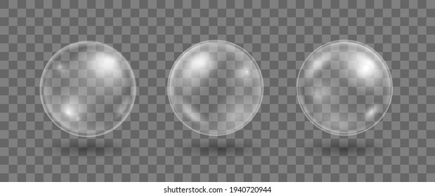 Set of realistic soap bubbles. Transparent water bubbles. Bubbles from washing. Shampoo, foam.