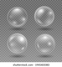 Set of realistic soap bubbles. Transparent water bubbles. Bubbles from washing. Shampoo, foam.