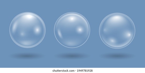 Set of realistic soap bubbles. Transparent water bubbles. Bubbles from washing. Shampoo, foam.