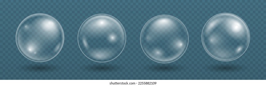 Set of realistic soap bubbles. Transparent water bubbles. Bubbles from washing. Shampoo, foam.