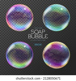 Set of realistic  soap colorful bubbles on transparent background. Vector illustration