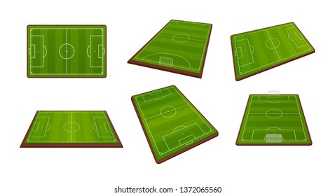 Set of realistic soccer football field, sports grounds for soccer games, from different angles. Playing football field with lawn, green stadium ground. Vector illustration isolated.