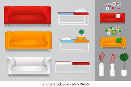 Set realistic sofa, couch, table, pot, vase with flowers. Red, orange and white elements of the interior. Modern living room. Vector illustration.