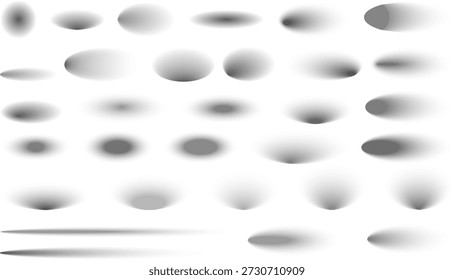 Satz von realistischen weichen Schattenüberlagerungen in verschiedenen Formen und Intensitäten. Perfekt für Produktbeschreibungen, Präsentationen, UI-Design, Poster und minimale grafische Kompositionen.