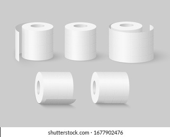 Set of realistic soft toilet paper rolls. Isolated on grey background. Vector illustration.