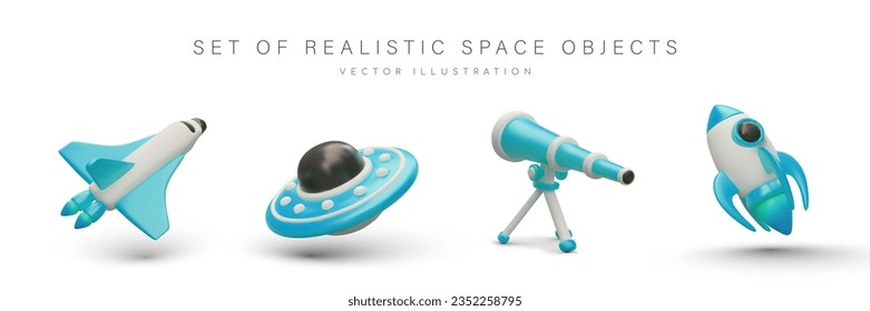 Set of realistic space objects. Blue shuttle, flying saucer, telescope on tripod, rocket. Color space vehicles. Isolated images in cartoon style for web design