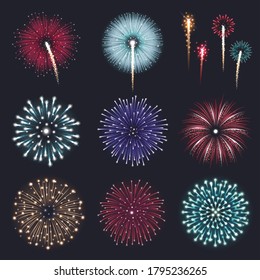 Set of realistic sparkling colored fireworks isolated on black background vector illustration