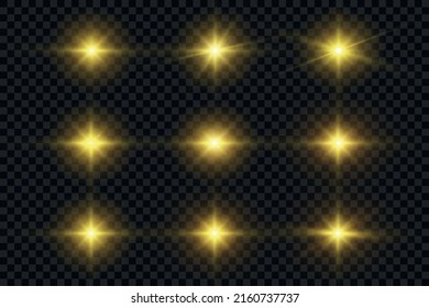 Set of realistic sparkling golden star lit and blinking on transparent background vector illustration.