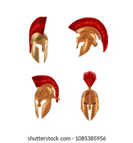 Set of realistic Spartan Ancient Greek, Roman helmet. Helm of the Gladiator's Warrior with red cloth brush on top, Trojan war, bronze protective headgear spartan helmet. Vector illustration isolated.