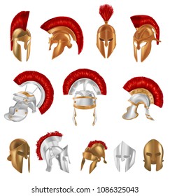 Set of realistic Spartan Ancient Greek, Roman helmet. Helm of the Gladiator's Warrior with red cloth brush, Trojan war, silver and bronze protective headgear spartan helmet. Illustration isolated.