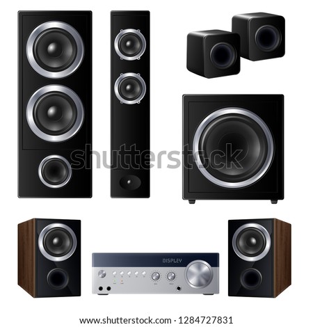 Set of realistic speakers of various size and center audio device isolated on white background vector illustration