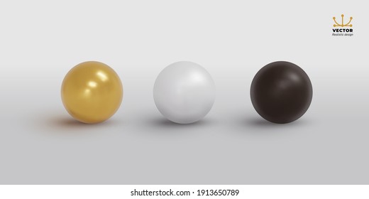 Set of realistic spheres and balls golden, white and black colored with a shadow. Blank of white round sphere or 3d ball. Vector illustration. Isolated on white background.