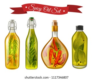 Set of realistic spicy oils with nuts and condiments in bottles of various shape isolated vector illustration  