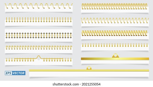 set of realistic spiral paper sheets or calendar spiral wire or notepad binder steel rings or metal binder notebook. eps vector