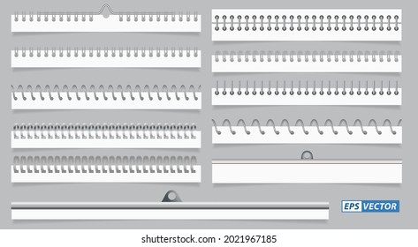 set of realistic spiral paper sheets or calendar spiral wire or notepad binder steel rings or metal binder notebook. eps vector