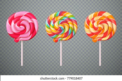 Set of realistic spiral striped colorful lollipops on white plastic sticks isolated on transparent background vector illustration