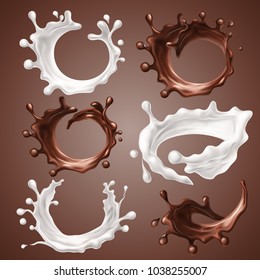 Set of realistic splashes and drops of milk and melted chocolate. Dynamic circle splashes of whirl liquid chocolate, milk products, coffee, cocoa. Design elements for packaging. Vector 3d illustration