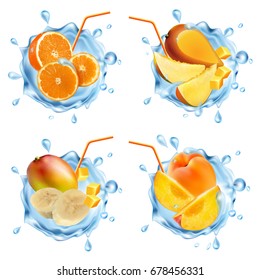 Set of realistic splashes of water with fruit. Vector illustration.