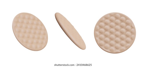 Set of realistic sponges for powder, makeup products. Vector textured objects, view from different angles. Round sponge pads for liquid and cream products