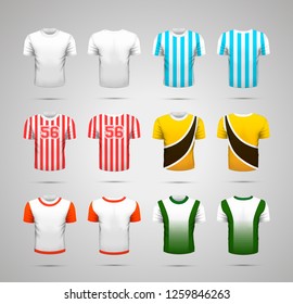 Set of realistic sport t-shirts with bright colorful prints for different commands on white
