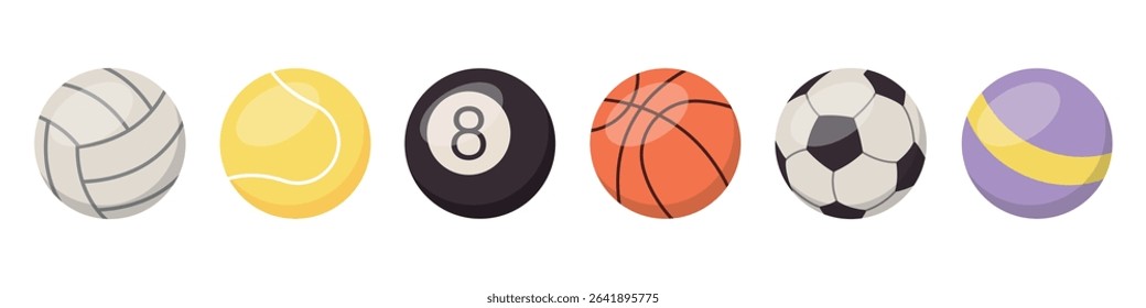 Set realistic sports balls vector isolated on white background. Volleyball, Tennis ball, Billiard ball, Football.