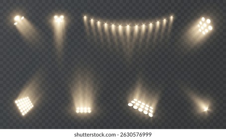 
Set of realistic spotlight beams with glowing yellow light on a transparent background. Studio stage lighting effects for shows, stages, photo zones, sports events or digital design.