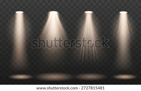 Set of realistic spotlight and stage light beam effects, isolated for flexible use in design projects.
Ideal as overlay elements for presentations, events, concerts, theater stages, product showcases, UI backgrounds, posters, and video compositions.
The light beams can be easily placed on any background to create atmosphere, focus, and dramatic lighting effects.