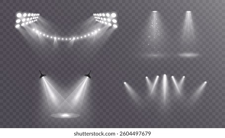 A set of realistic spotlights and stage lights on a transparent background. For shows, stages and digital projects with an emphasis on lighting.