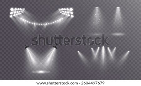 A set of realistic spotlights and stage lights on a transparent background. For shows, stages and digital projects with an emphasis on lighting.