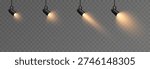 Set of realistic spotlights with yellow light PNG. Light source, stage lighting.